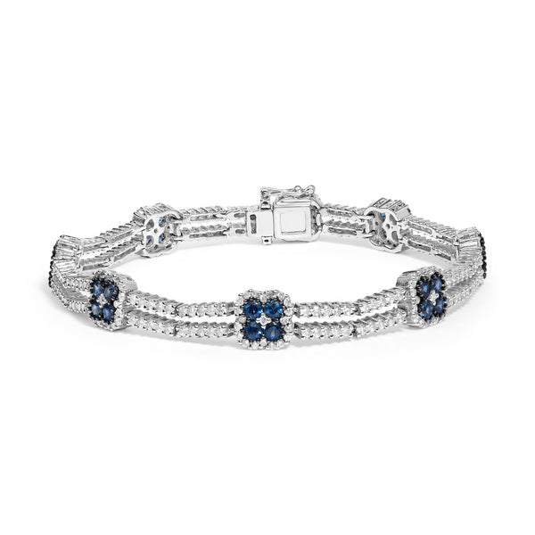 18K White Gold 2 3/4 Cttw Diamond and 3x3MM Sapphire Double Row Link Bracelet (G-H Color, VS1-VS2 Clarity) - 7" Inches