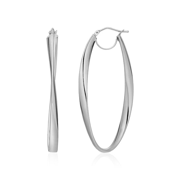 14k White Gold Twist Motif Oval Shape Hoop Earrings