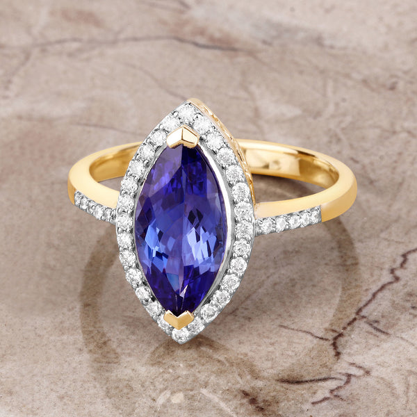 2.33 Carat Genuine Tanzanite and White Diamond 14K Yellow Gold Ring