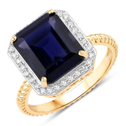 3.65 Carat Genuine Iolite and White Diamond 14K Yellow Gold Ring