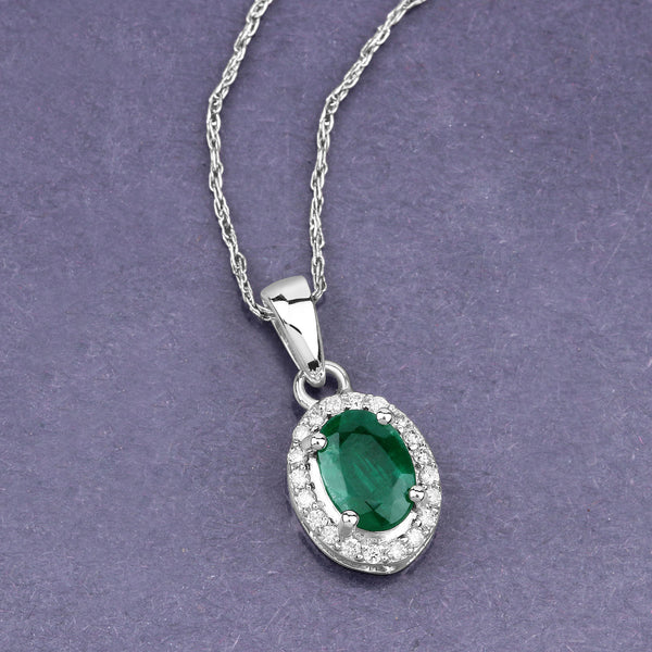 0.83 Carat Genuine Zambian Emerald and White Diamond 14K White Gold Pendant