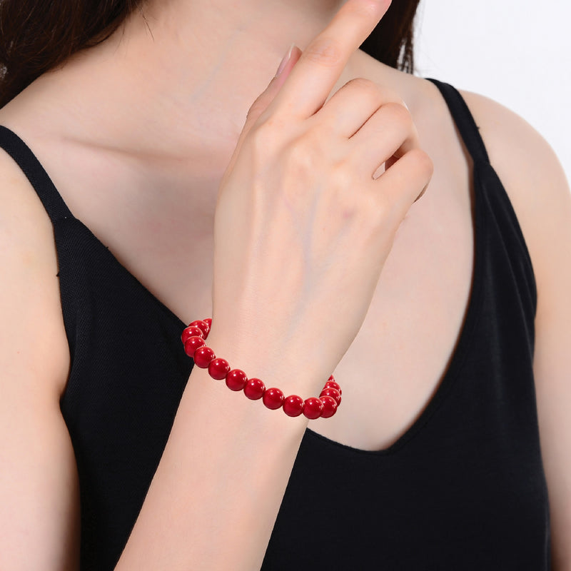 8MM Red Coral Bead Stretch Bracelet