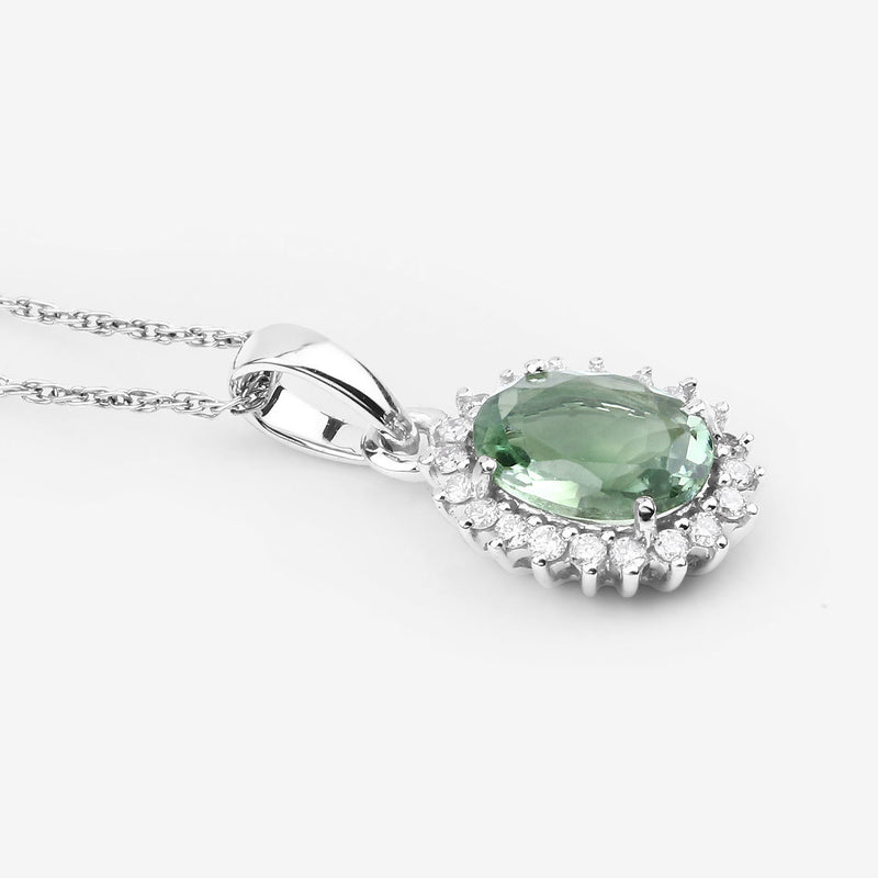 1.39 Carat Genuine Green Tourmaline and White Diamond 14K White Gold Pendant