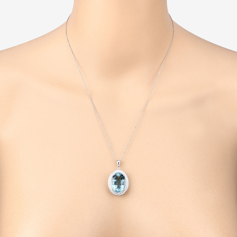 16.11 Carat Genuine Aquamarine and White Diamond 14K White Gold Pendant