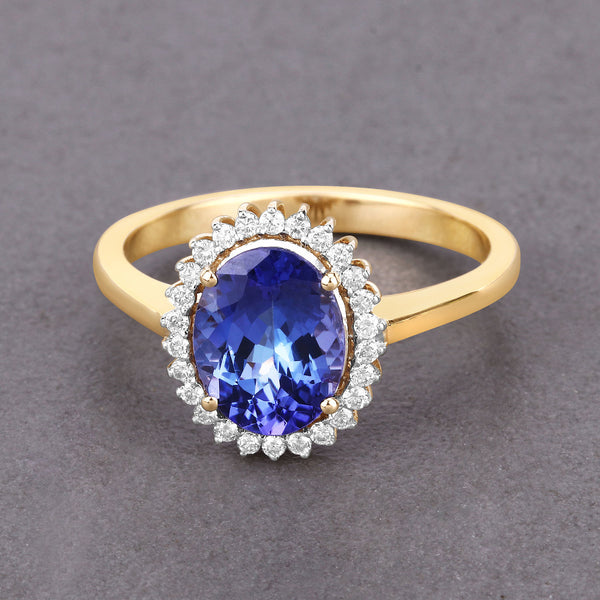 2.03 Carat Genuine Tanzanite and White Diamond 14K Yellow Gold Ring