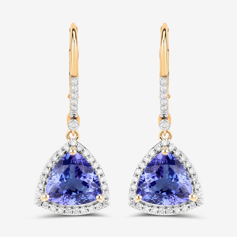 4.61 Carat Genuine Tanzanite and White Diamond 14K Yellow Gold Earrings