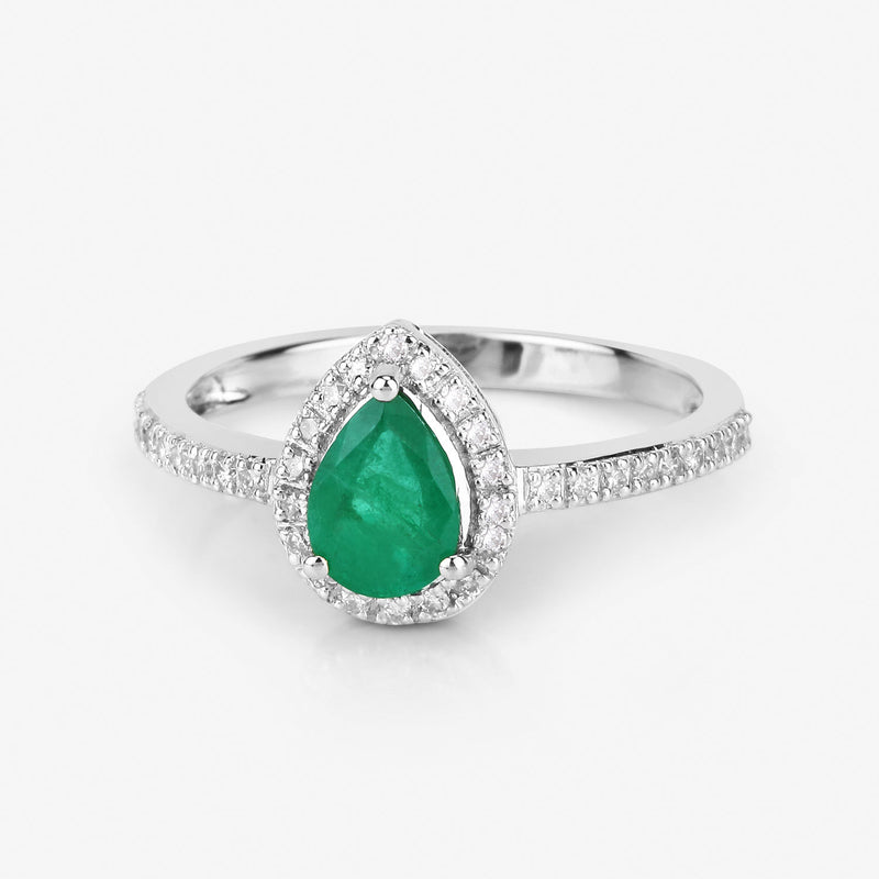 0.88 Carat Genuine Zambian Emerald and White Diamond 14K White Gold Ring