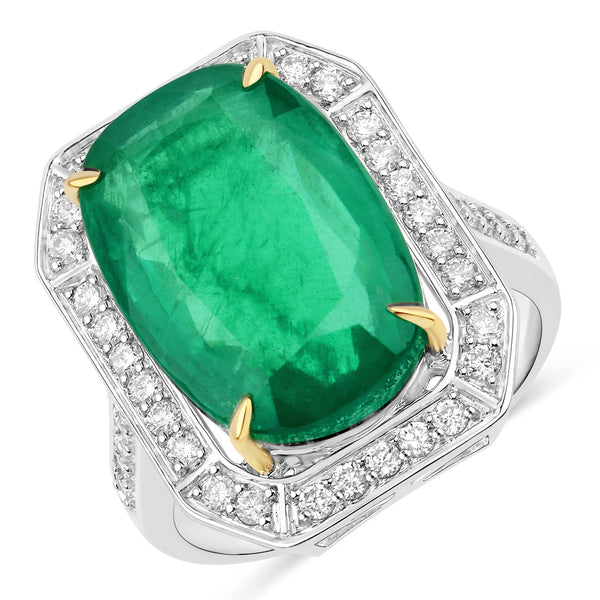 IGI Certified 11.78 Carat Genuine Zambian Emerald and White Diamond 14K Yellow & White Gold Ring