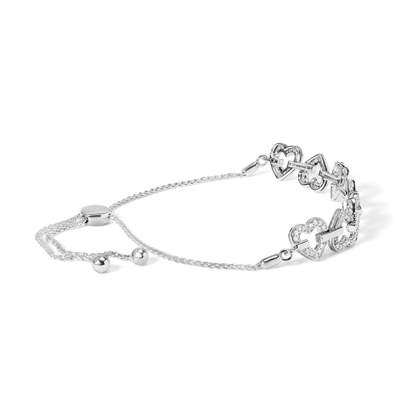 .925 Sterling Silver 1/2 Cttw Diamond Alternating Heart Link Adjustable Bolo Bracelet (I-J Color, I3 Clarity) - 4" to 10" Inches