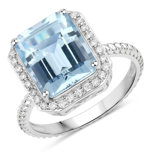 4.13 Carat Genuine Aquamarine and White Diamond 14K White Gold Ring