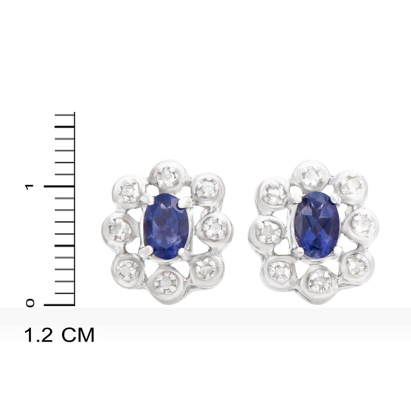 Rodium Plated 925 Sterling Silver Iolite 0.12 Diamond Earrings for Women