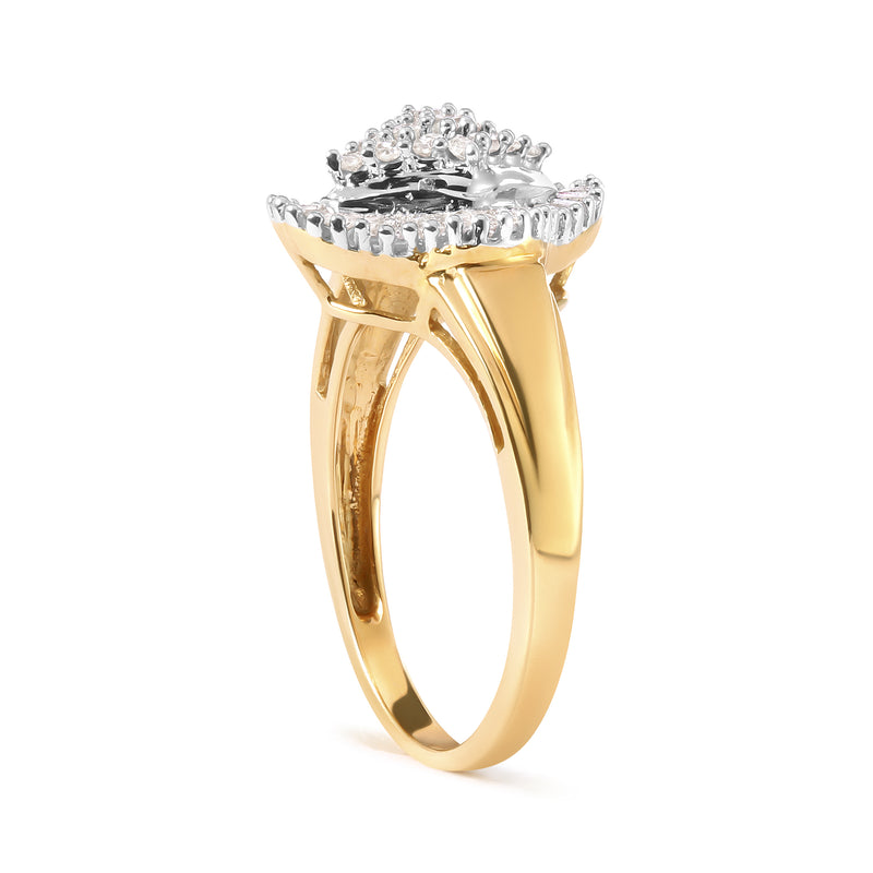 10K Yellow Gold 1/2 Cttw Round And Baguette-cut Diamond Rhombus Head and Halo Ring (I-J Color, I1-I2 Clarity) - Ring Size 7