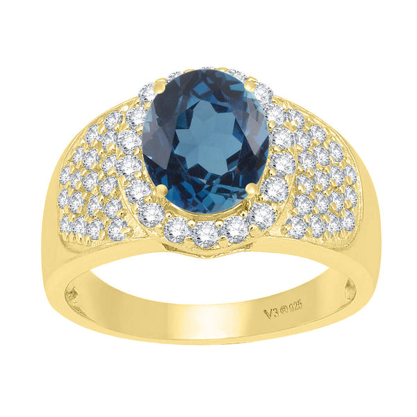 V3 Jewelry 18K Gold Plated Natural London Blue Topaz & White Topaz Halo Ring
