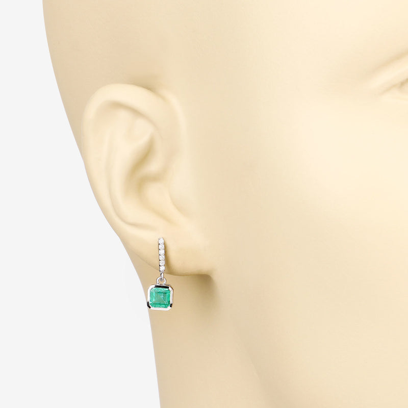 1.48 Carat Genuine Emerald and White Diamond 14K White Gold Earrings