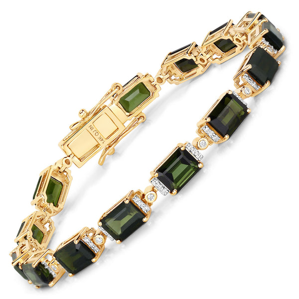 16.36 Carat Genuine Green Tourmaline and White Diamond 14K Yellow Gold Bracelet