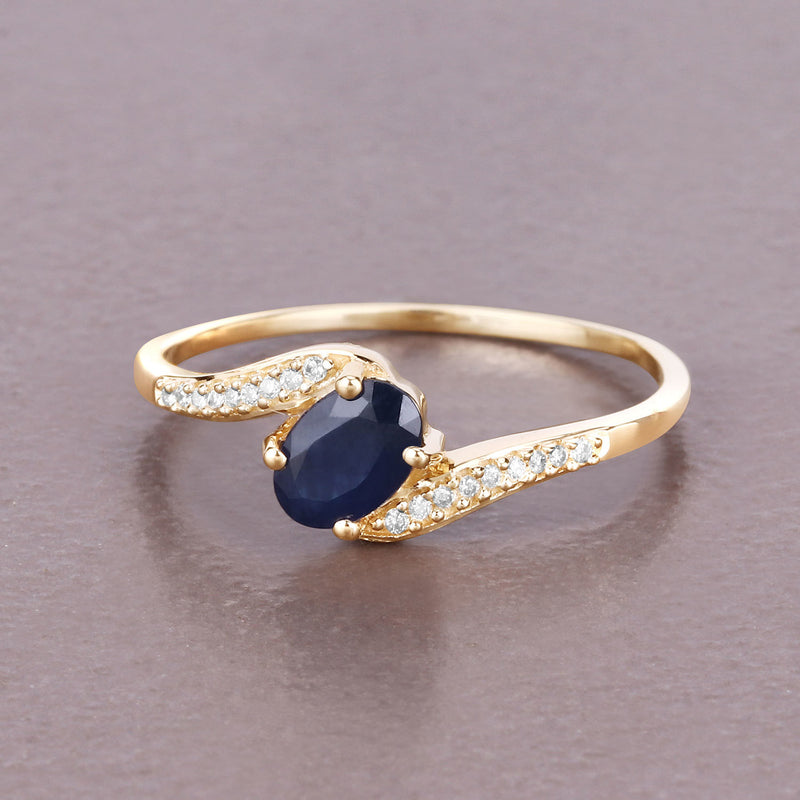 0.53 Carat Genuine Blue Sapphire and White Diamond 14K Yellow Gold Ring