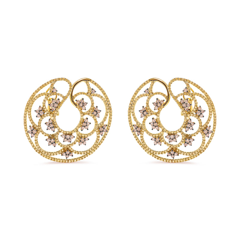 14K Yellow Gold 4 7/8 Cttw Fancy Colored Diamond Sun and Stars Open Hoop Earrings (Fancy Color, I1-I2 Clarity)