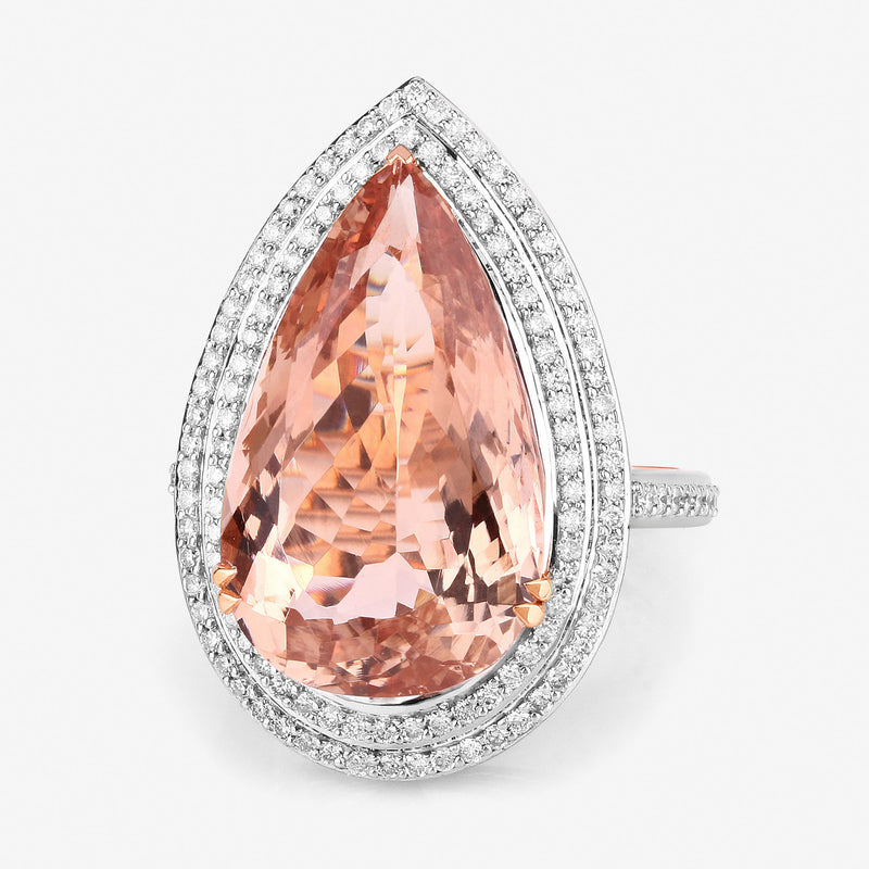 12.66 Carat Genuine Morganite and White Diamond 14K Rose Gold Ring