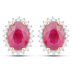 3.16 Carat Genuine Ruby and White Diamond 14K Yellow Gold Earrings