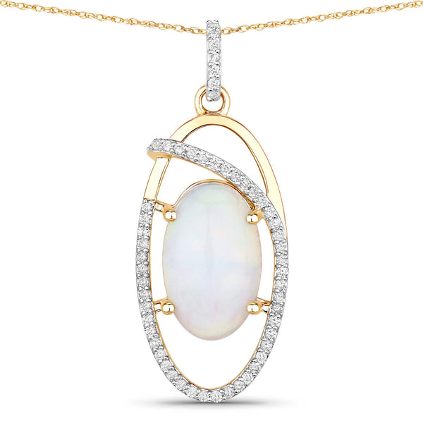 3.59 Carat Genuine Ethiopian Opal and White Diamond 14K Yellow Gold Pendant