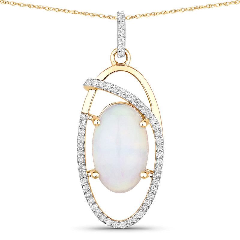 3.59 Carat Genuine Ethiopian Opal and White Diamond 14K Yellow Gold Pendant