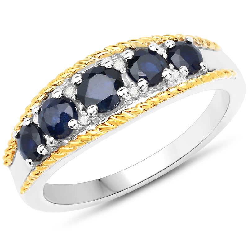 0.77 Carat Genuine Blue Sapphire and White Diamond 14K Yellow Gold with .925 Sterling Silver Ring