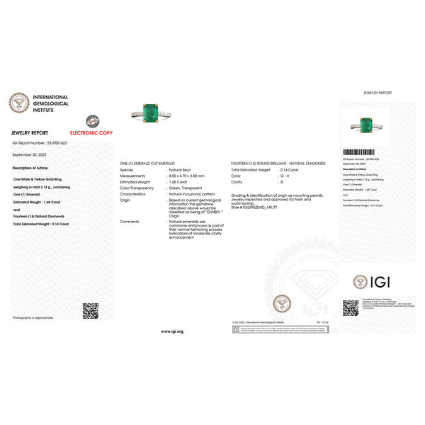 IGI Certified 1.82 Carat Genuine Zambian Emerald and White Diamond 14K Yellow & White Gold Ring