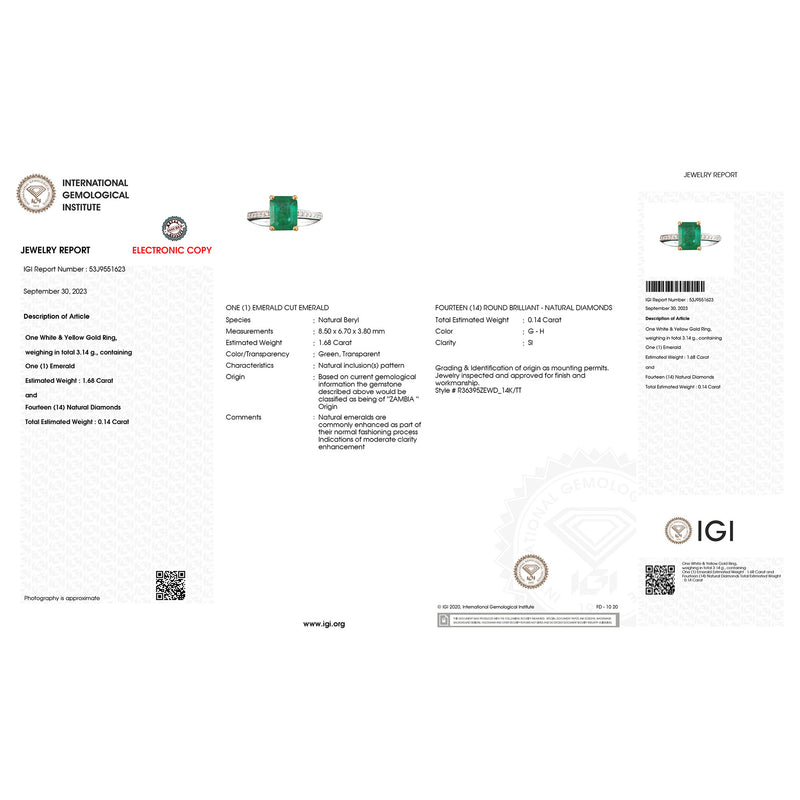 IGI Certified 1.82 Carat Genuine Zambian Emerald and White Diamond 14K Yellow & White Gold Ring