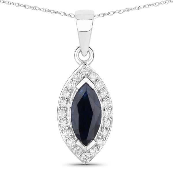 0.87 Carat Genuine Blue Sapphire and White Diamond 14K White Gold Pendant