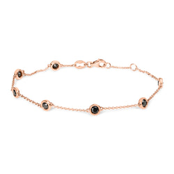 14K Rose Gold 1.00 Cttw Bezel Set Black Diamond 7 Station Link Bracelet (Black Color, I2-I3 Clarity) - 7.5" Inches