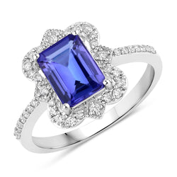 1.71 Carat Genuine Tanzanite and White Diamond 14K White Gold Ring