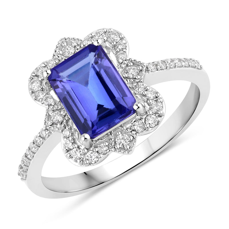 1.71 Carat Genuine Tanzanite and White Diamond 14K White Gold Ring