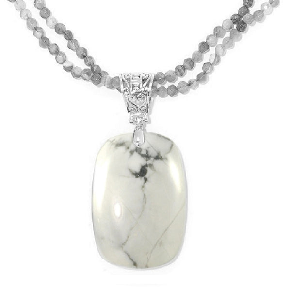 V3 Jewelry Natural Howlite Sterling Silver Pendant with Two Row bead Chain -18"