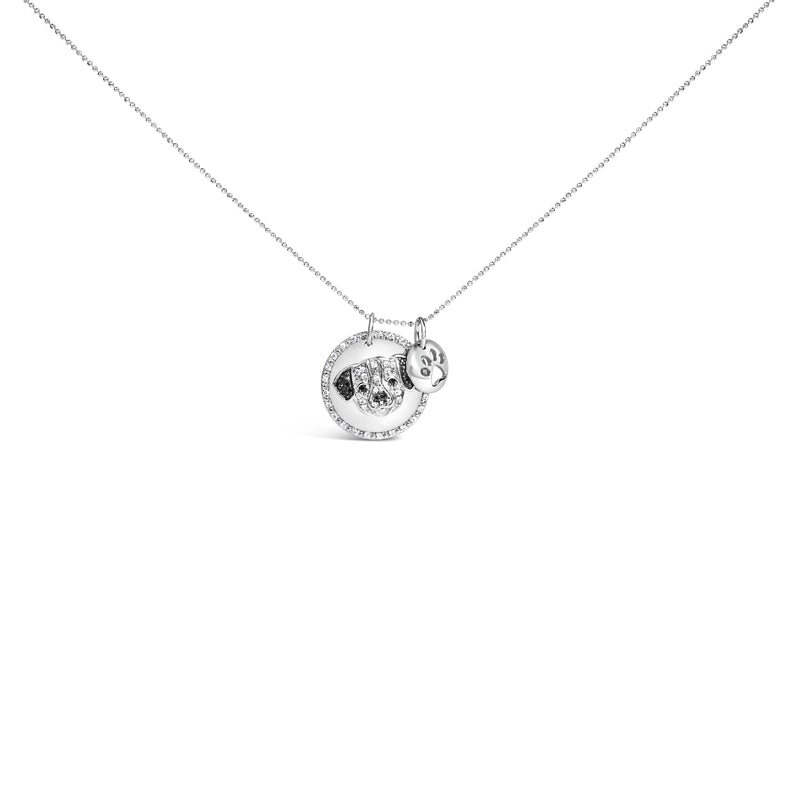 .925 Sterling Silver 1/4 Cttw White and Black Diamond Pitbull Dog Medallion and Charm 18" Pendant Necklace (I-J Color, I2-I3 Clarity)