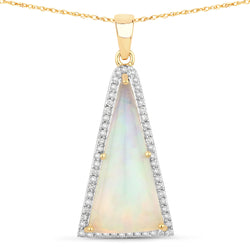 4.34 Carat Genuine Ethiopian Opal and White Diamond 14K Yellow Gold Pendant