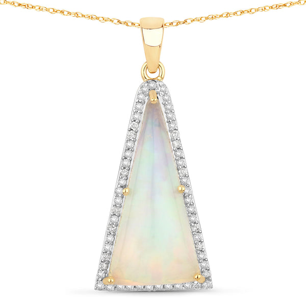 4.34 Carat Genuine Ethiopian Opal and White Diamond 14K Yellow Gold Pendant