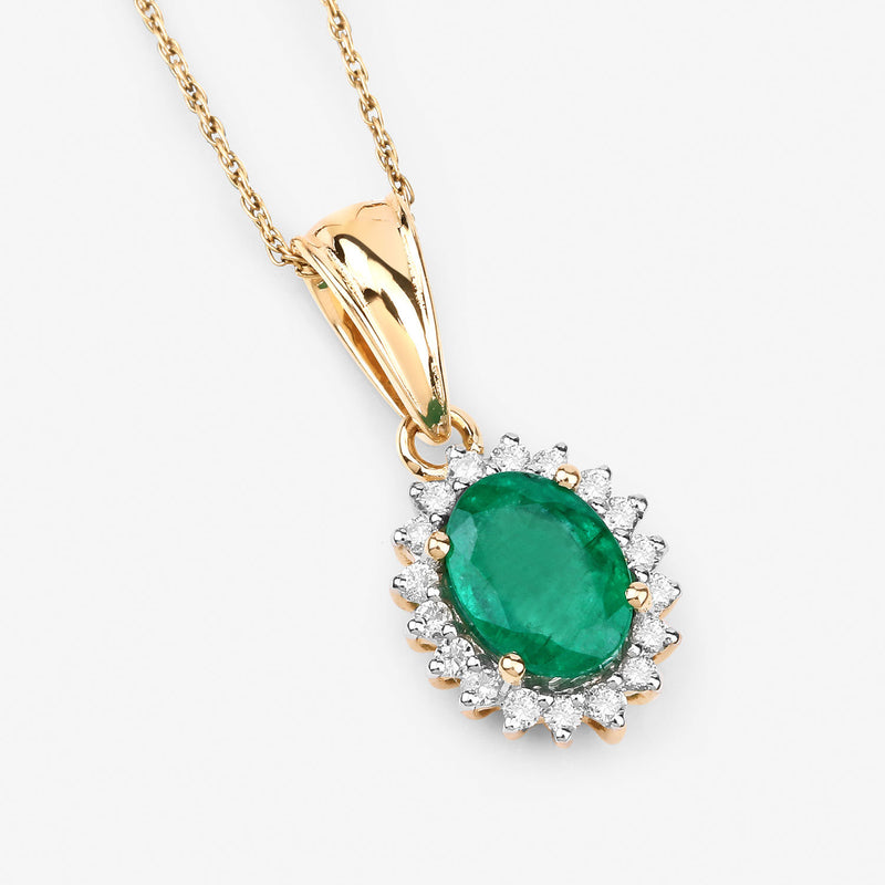 1.43 Carat Genuine Zambian Emerald and White Diamond 14K Yellow Gold Pendant