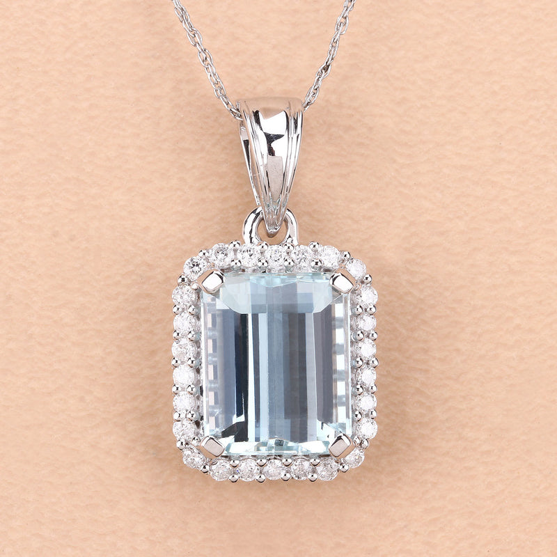 5.11 Carat Genuine Aquamarine and White Diamond 14K White Gold Pendant