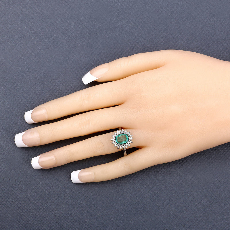 1.90 Carat Genuine Emerald and White Diamond .925 Sterling Silver Ring