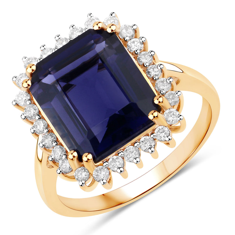 4.59 Carat Genuine Iolite and White Diamond 14K Yellow Gold Ring