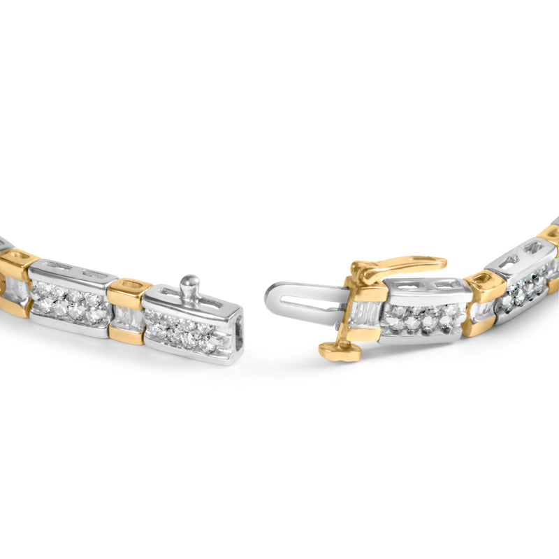 14k Two-Tone 2.00 Cttw Round-Cut and Baguette-Cut Diamond Bar Link 7" Bracelet (I-J Color, SI2-I1 Clarity)