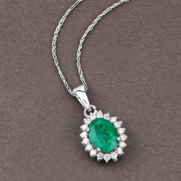 1.43 Carat Genuine Zambian Emerald and White Diamond 14K White Gold Pendant