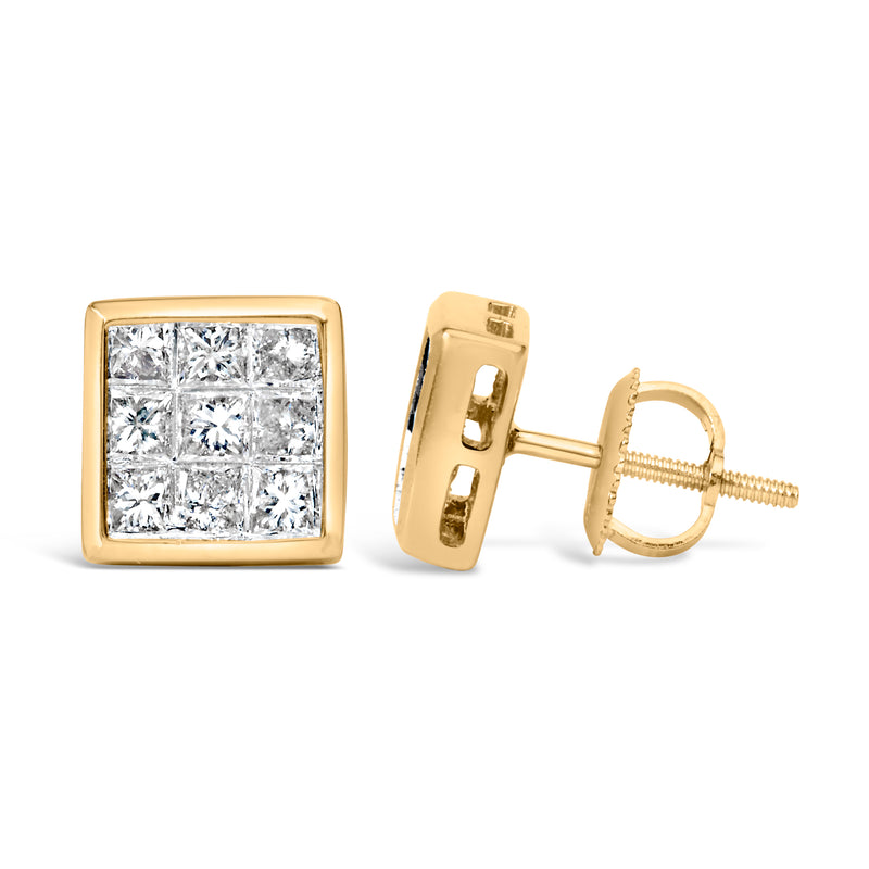 14K Yellow Gold 1.0 Cttw Princess Cut Diamond Composite Stud Earrings with Screw Backs (J-K Color, SI1-SI2 Clarity)