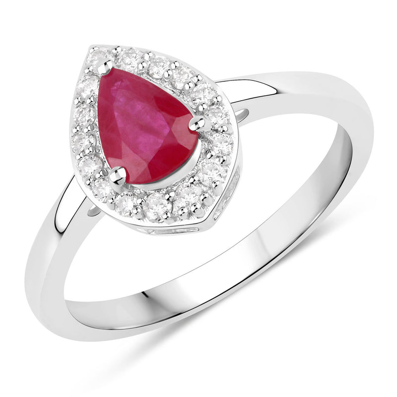 0.92 Carat Genuine Ruby and White Diamond 14K White Gold Ring