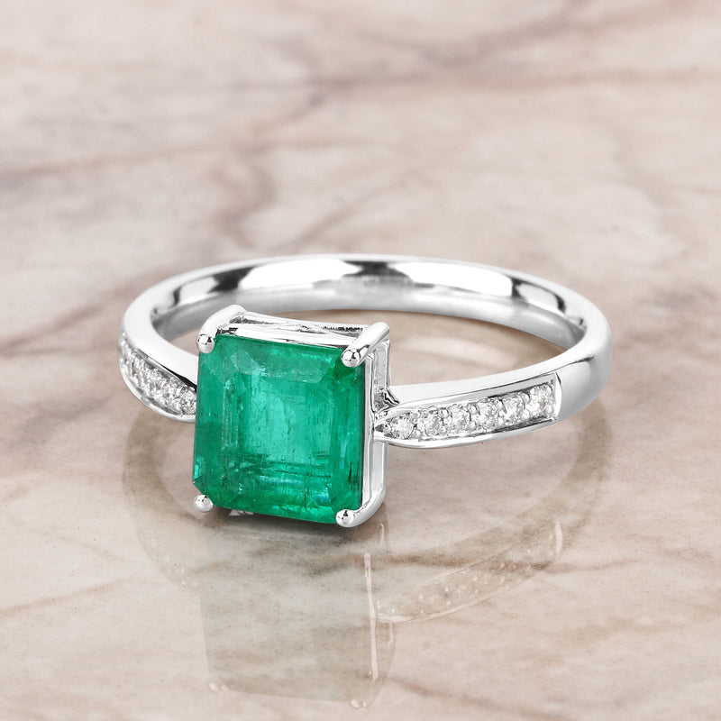 IGI Certified 1.55 Carat Genuine Zambian Emerald and White Diamond 14K White Gold Ring