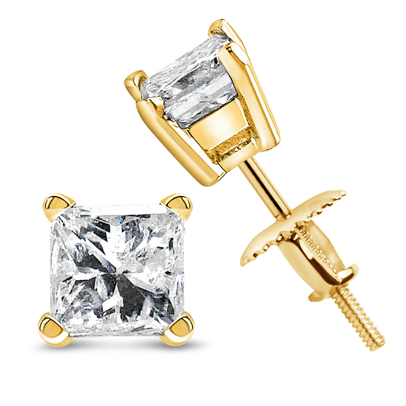 14K Yellow Gold 1/2 Cttw Princess Cut Diamond Solitaire Stud Earrings with Screwbacks (I-J Color, SI2-I1 Clarity)