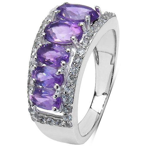 2.17 Carat Genuine Amethyst & White Topaz .925 Sterling Silver 5 Stone Ring