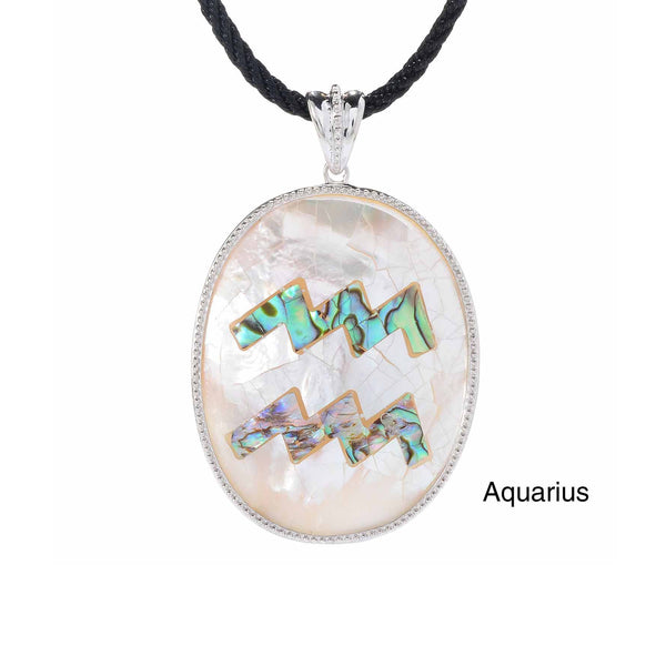 Aquarius Zodiac Pendant Necklace with River Shell, Abalone, and Sterling Silver