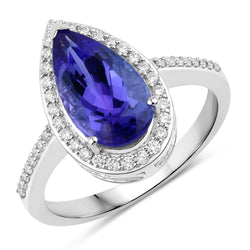 2.98 Carat Genuine Tanzanite and White Diamond 14K White Gold Ring