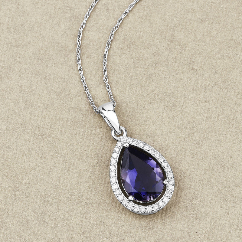 2.28 Carat Genuine Iolite and White Diamond 14K White Gold Pendant